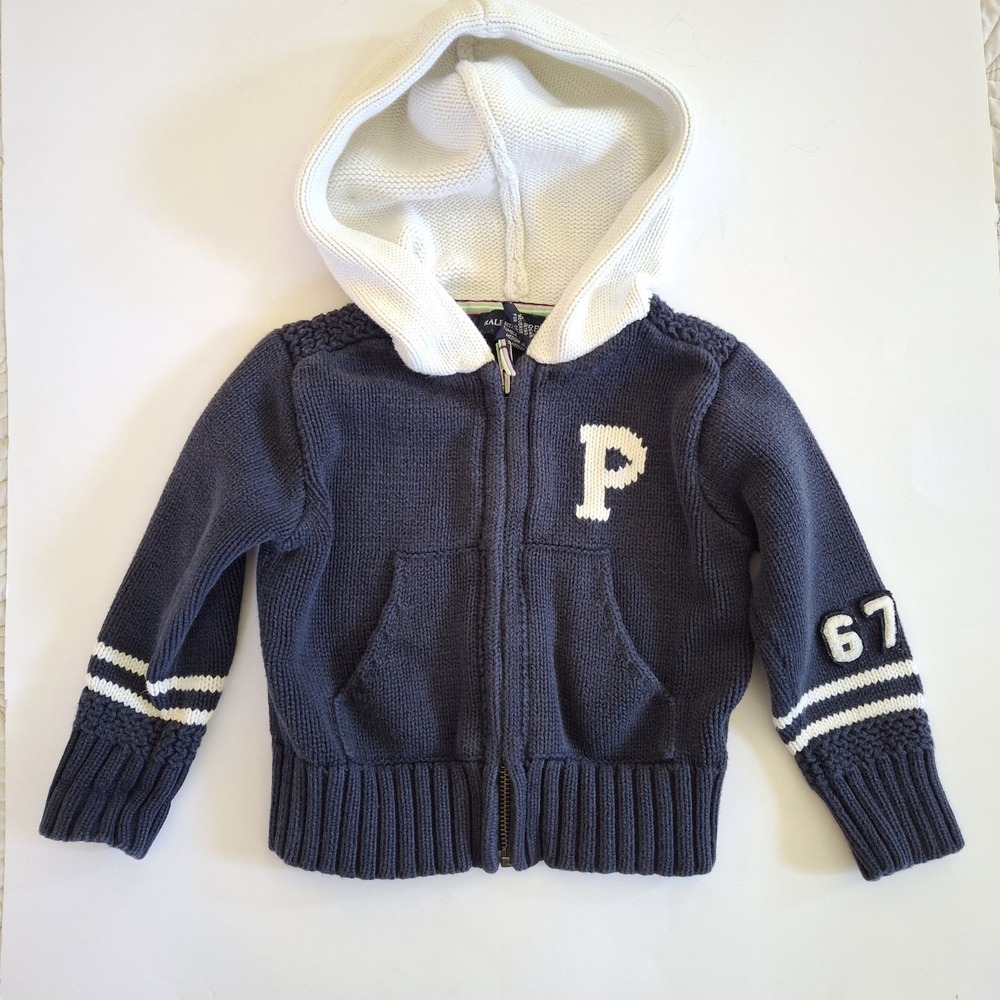 Polo Ralph Lauren Kids Toddler 2T Blue Cotton Knit‎ Zip Hoodie Sweater Preppy